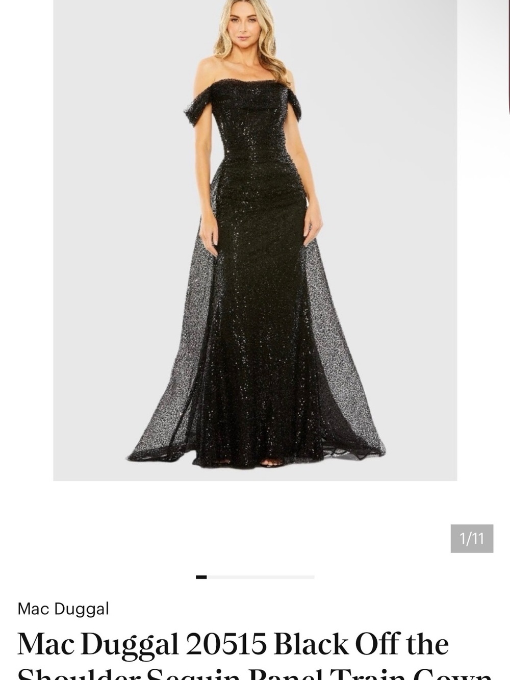 Mac Duggal Black Off-the-Shoulder Sequin Gown with Sheer Panel Train